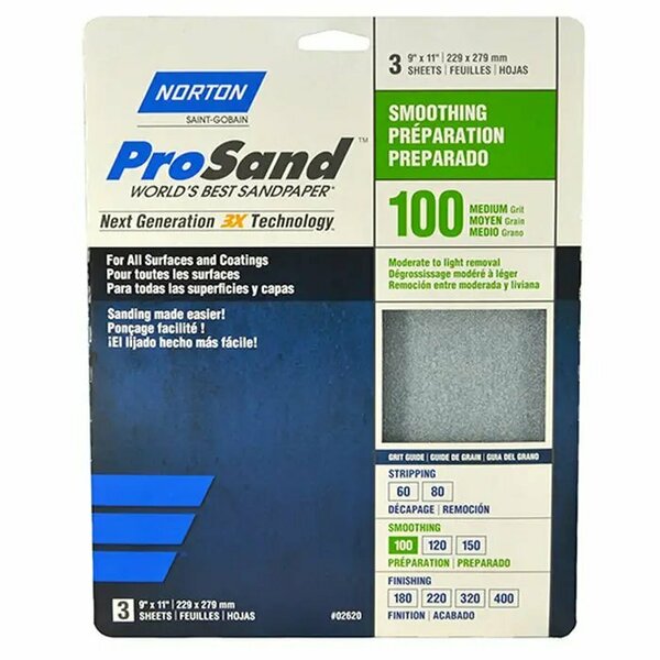 Norton Co 9" x 11" ProSand Sanding Sheet 100-Grit, PK 3 02620